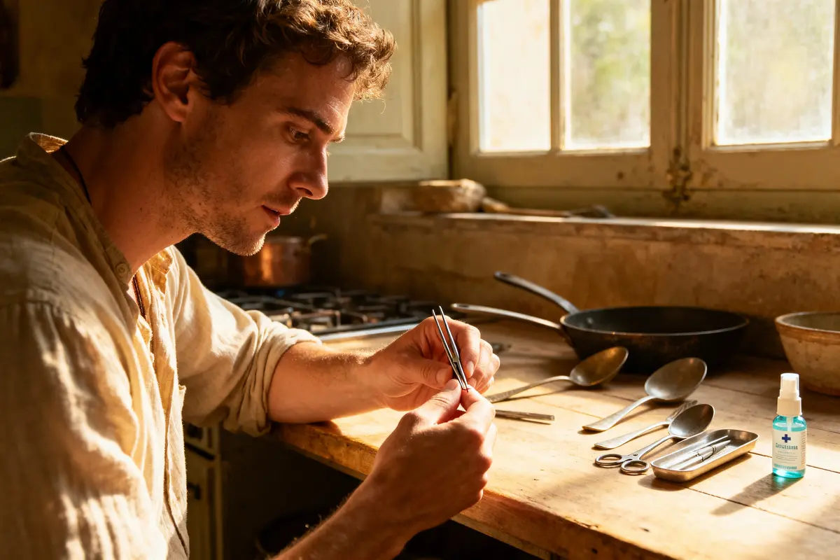 Un homme manipulant un objet minutieusement à la lumière du jour, avec ustensiles de cuisine sur la table.