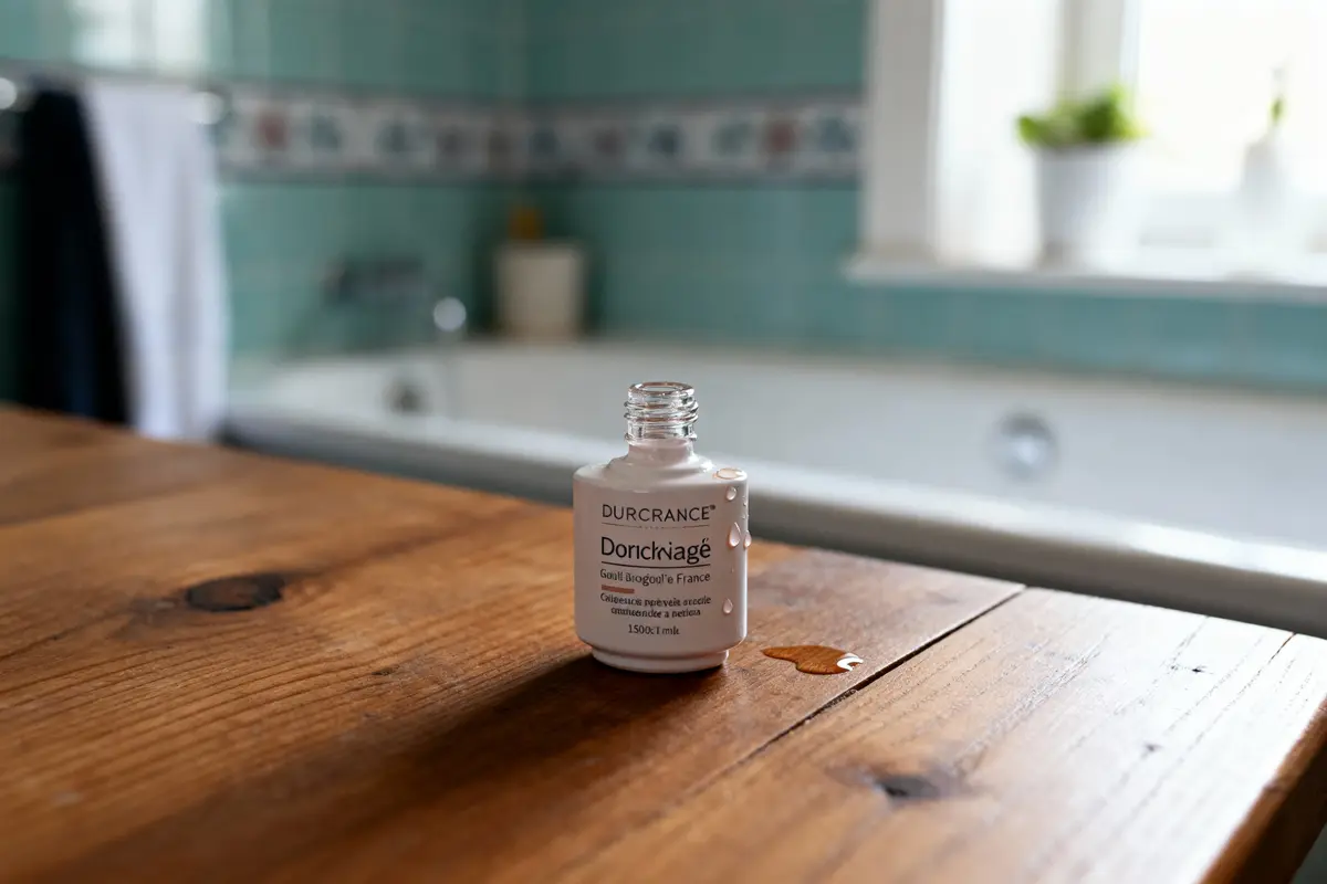 Bouteille ouverte sur table en bois, salle de bain floue en arrière-plan. Natation de liquide à côté.