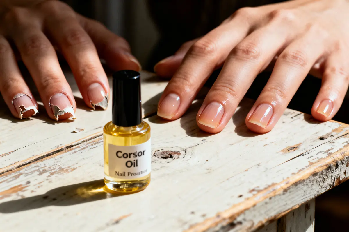 Mains avec vernis écaillé et flacon d'huile pour ongles sur table en bois clair.