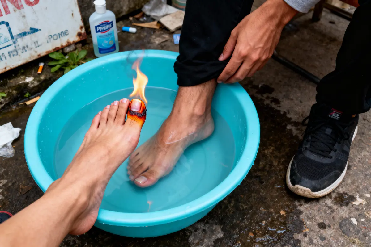 Un pied en feu dans une bassine d'eau bleue avec des objets divers autour.