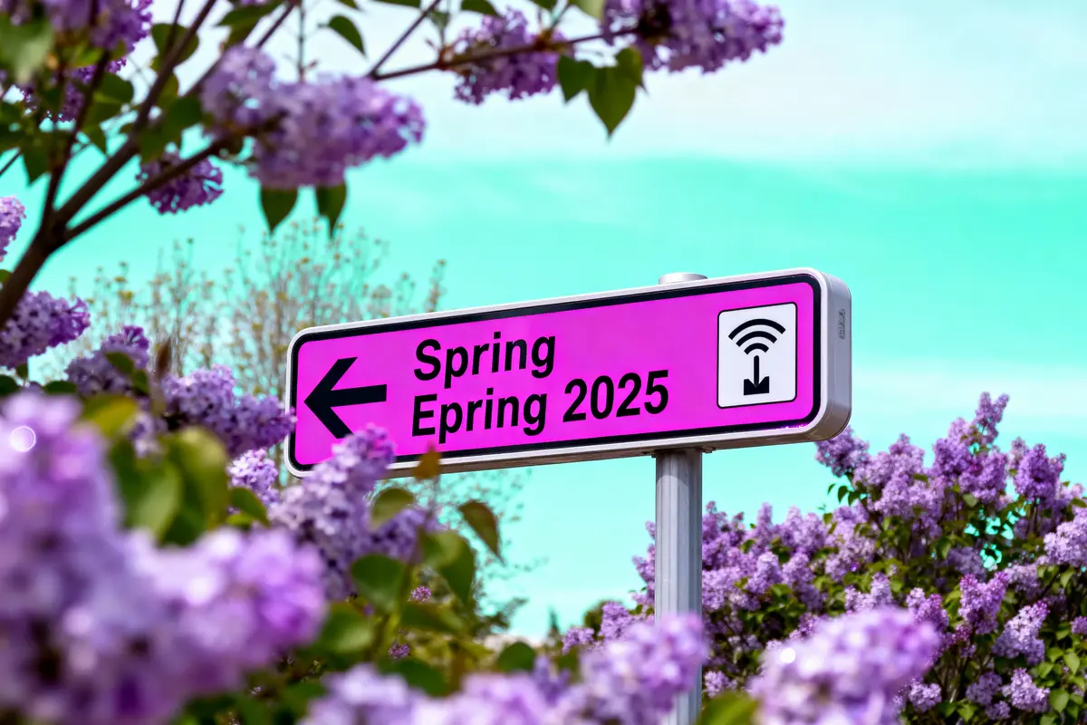Panneau rose indiquant "Spring 2025" avec flèche, entouré de fleurs lilas, ciel turquoise.