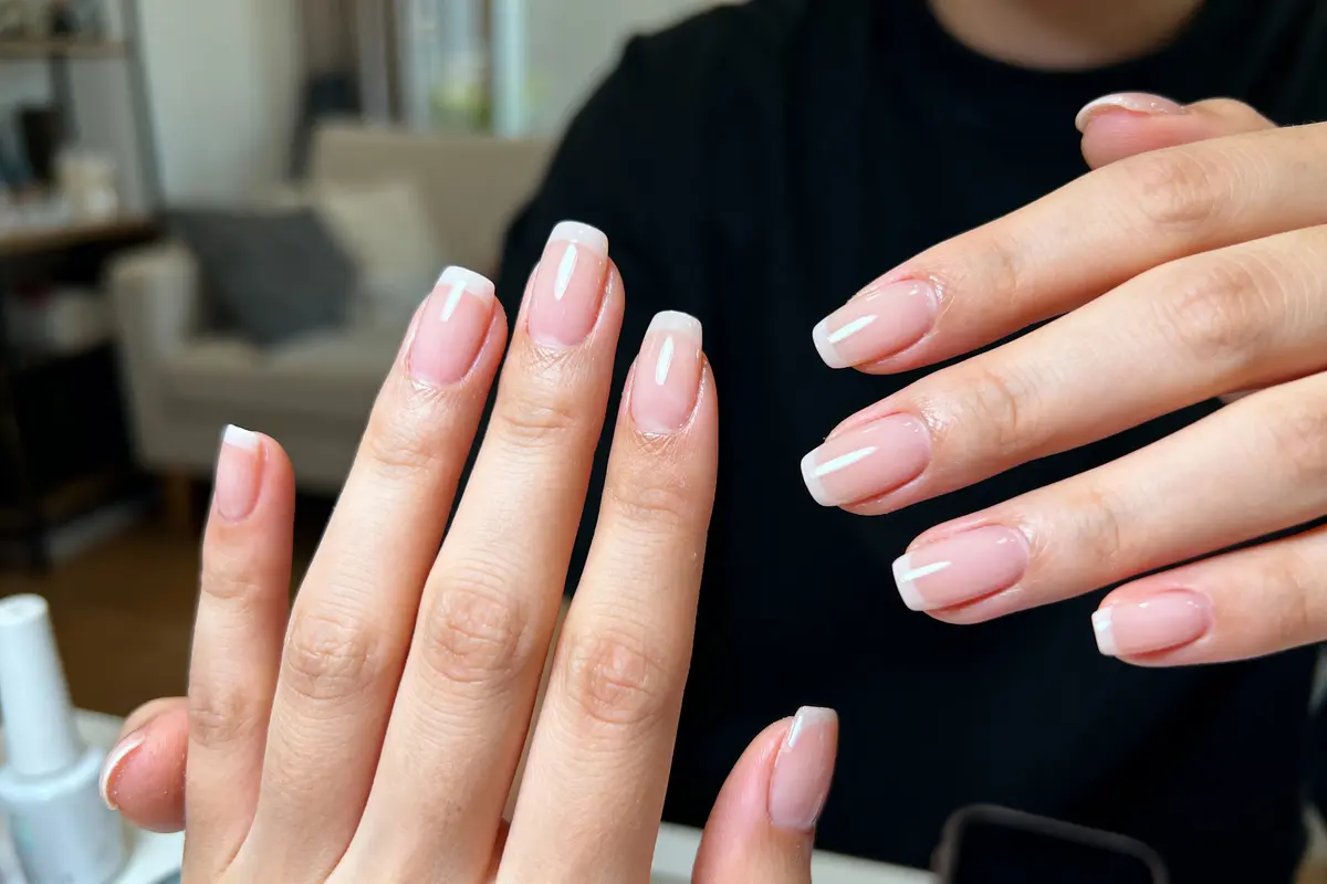 Mains montrant des ongles avec manucure française, fond intérieur flou.