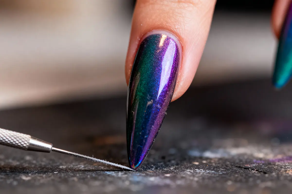 Gros plan d'un ongle coloré métallique avec outil fin pointu sur une surface.