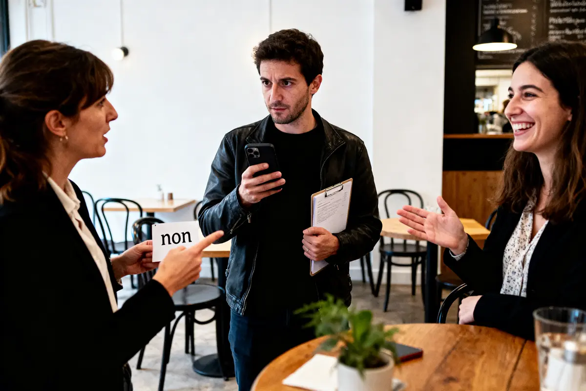Trois personnes discutant, l'une tient un téléphone, une autre une pancarte "non", dans un café.