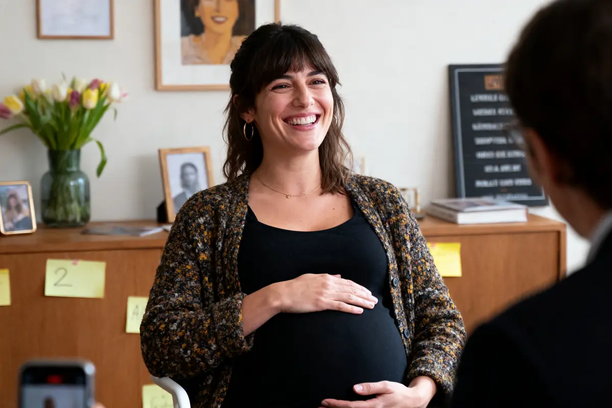 Femme enceinte souriante, portant un cardigan, assise dans une pièce avec des photos et des fleurs en arrière-plan.