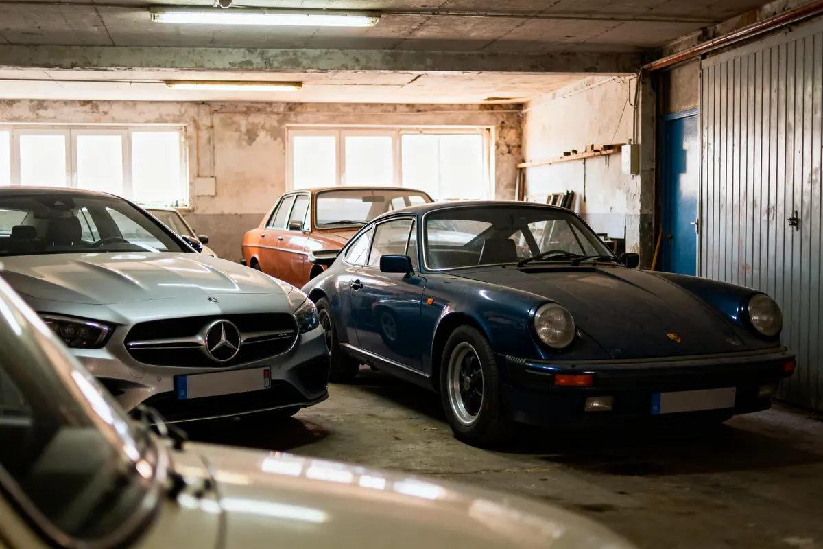 Trois voitures classiques garées dans un garage éclairé, dont une bleue et une gris métallisé.
