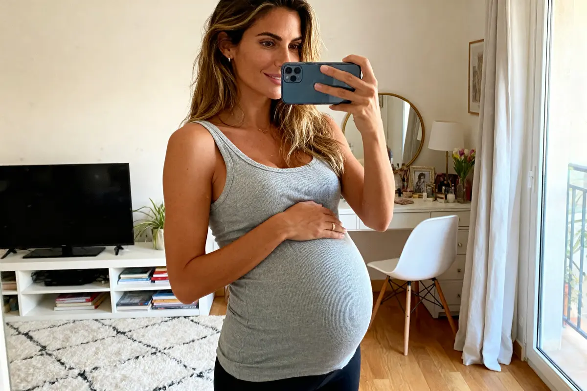 Femme enceinte prenant un selfie dans un salon lumineux, portant un débardeur gris, souriante.