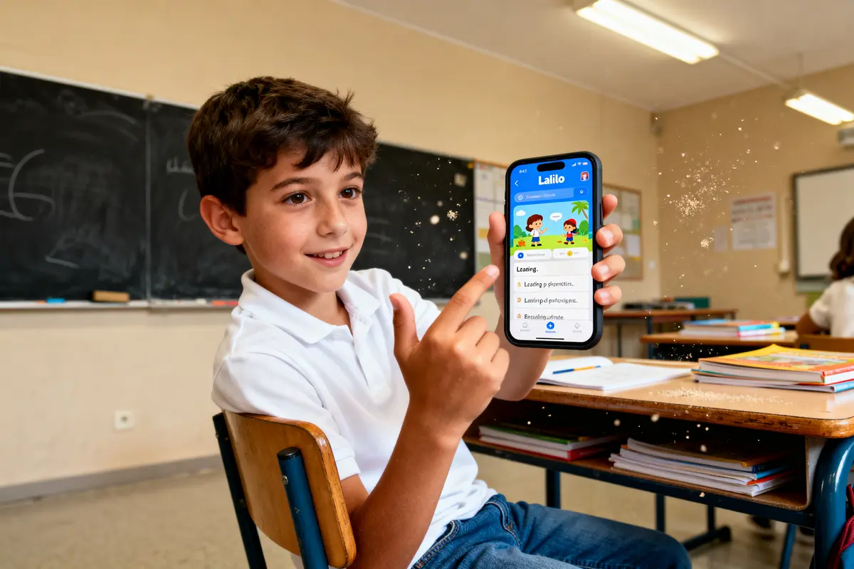 Un garçon utilise une application éducative sur smartphone dans une salle de classe avec tableau noir.