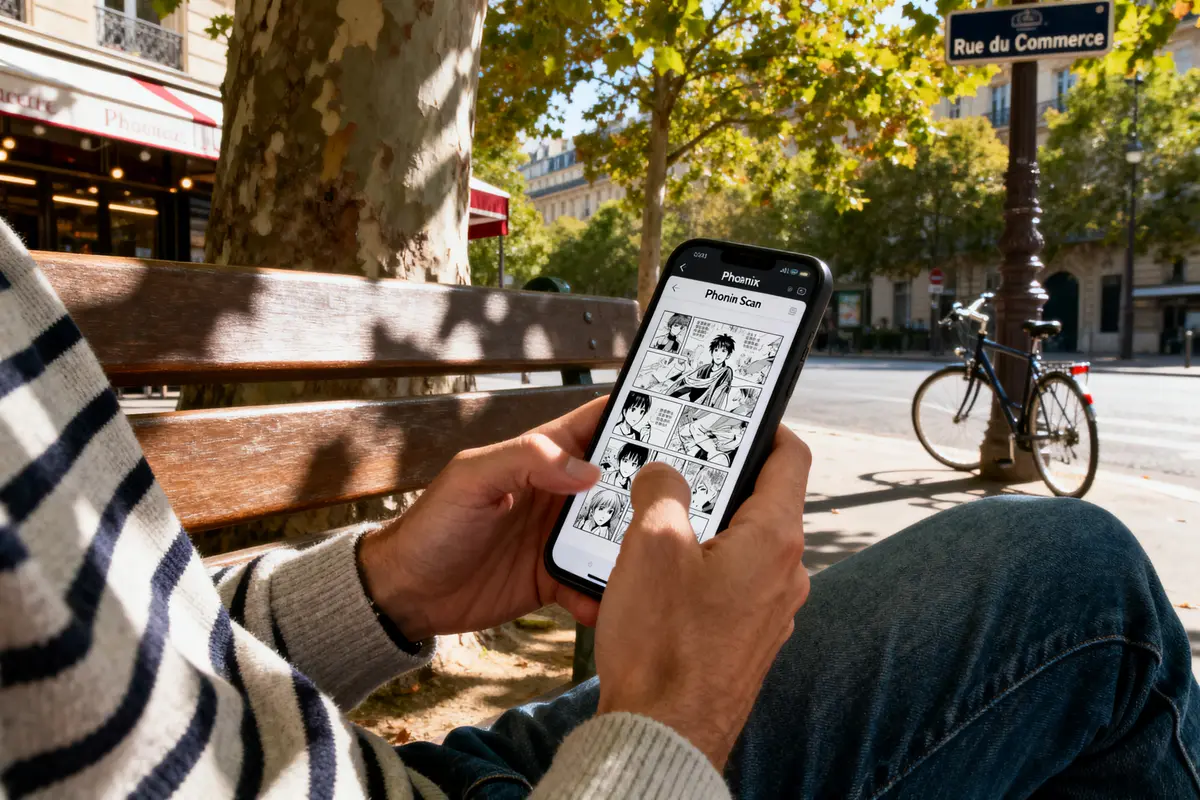 Personne lit manga sur smartphone, assise sur banc, rue, vélo garé, commerces en arrière-plan, arbres ombragés.