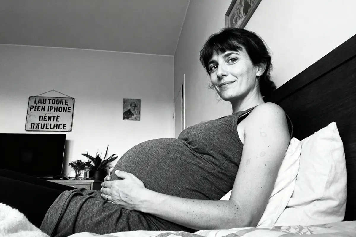 Femme enceinte souriant, allongée, tenant son ventre dans une chambre, panneau au mur, ambiance détendue.