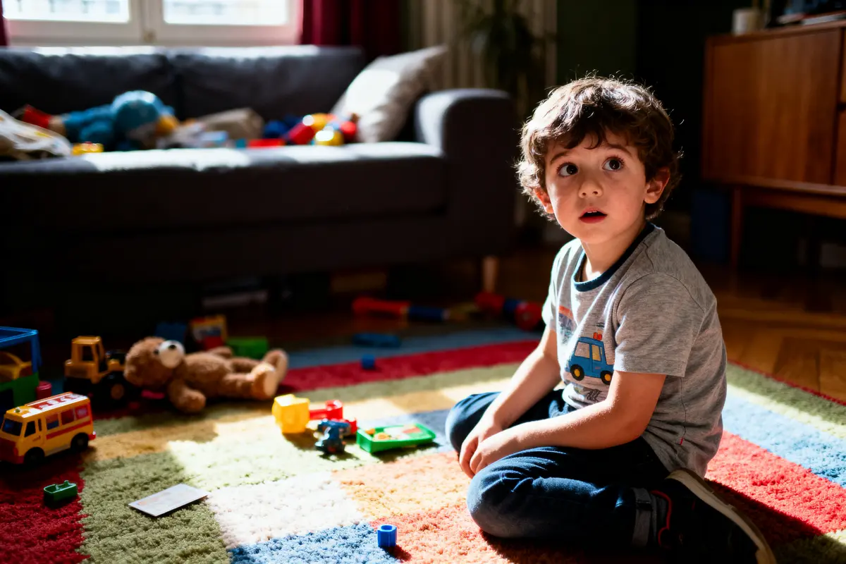 Enfant assis sur tapis coloré, entouré de jouets, regarde attentivement, lumière naturelle entrant par la fenêtre.