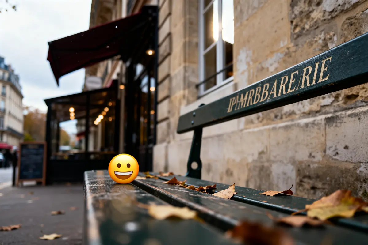 Banc avec emoji souriant et feuilles mortes, rue parisienne avec café flou en arrière-plan.