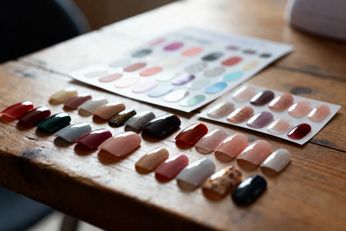Nuancier de vernis à ongles divers sur une table en bois. Échantillons colorés, textures variées.