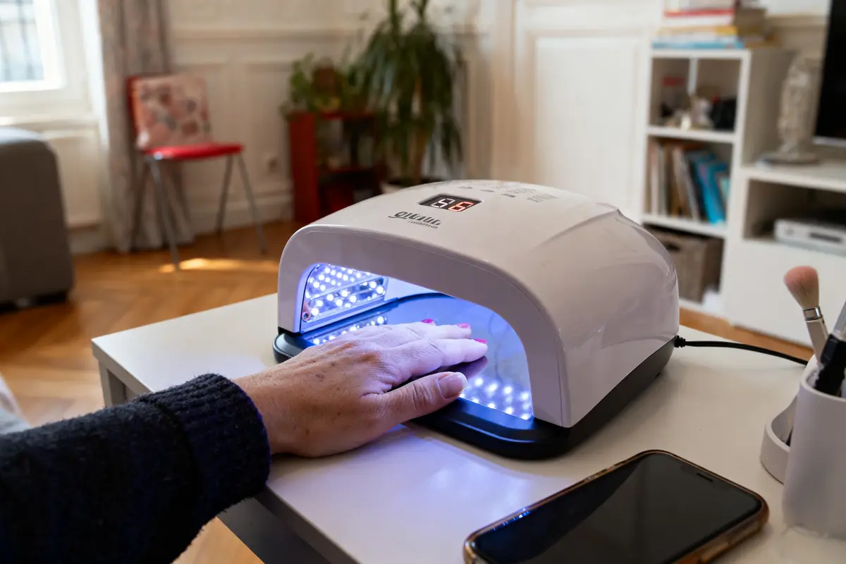 Main sous une lampe UV pour manucure, intérieur d'une pièce, téléphone et pinceaux à proximité.