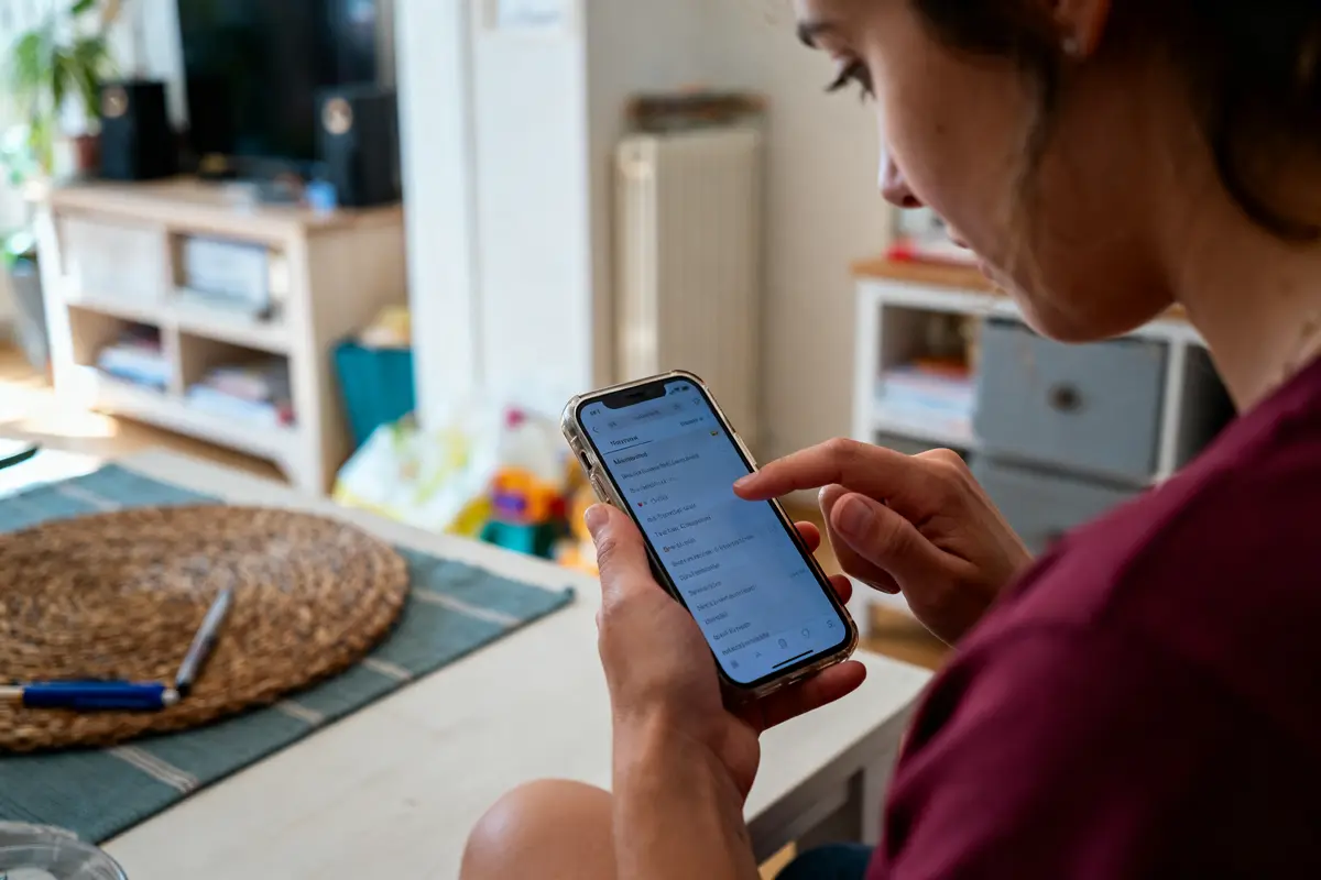 Femme utilisant un smartphone en intérieur, pointant l'écran, salon en arrière-plan flou.