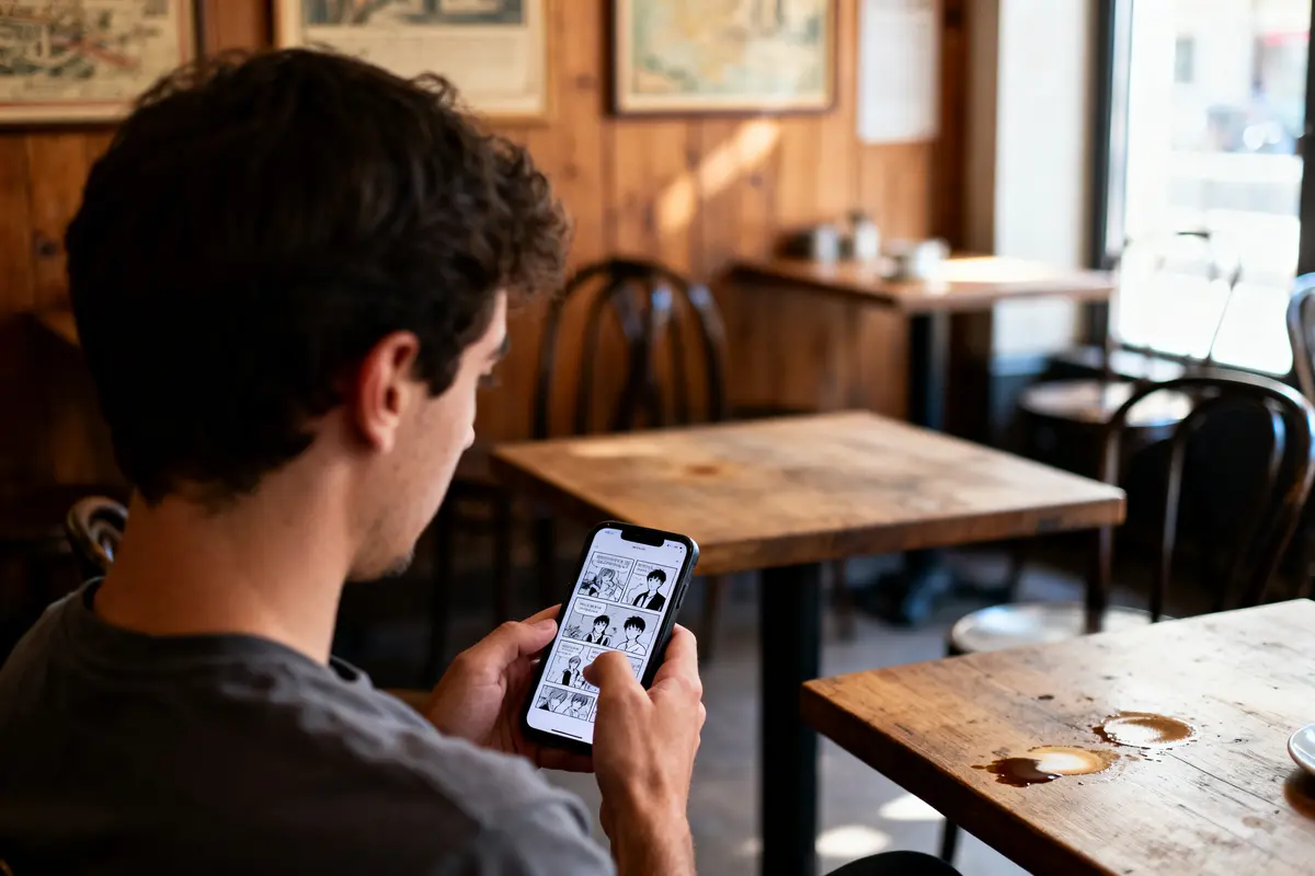Homme lisant des bandes dessinées sur smartphone dans un café élégant avec mobilier en bois et atmosphère chaleureuse.