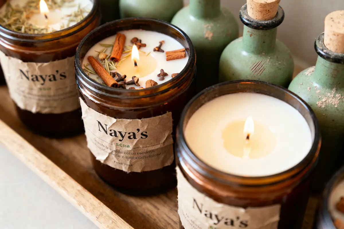 Bougies parfumées allumées avec épices, pots en verre marron, bouteilles vertes en arrière-plan sur plateau en bois.