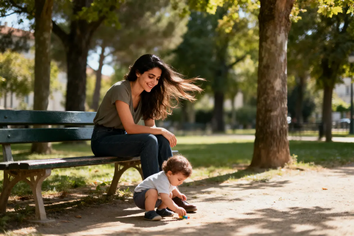 Femme assise sur un banc, souriant, regardant un enfant jouant par terre dans un parc ombragé.