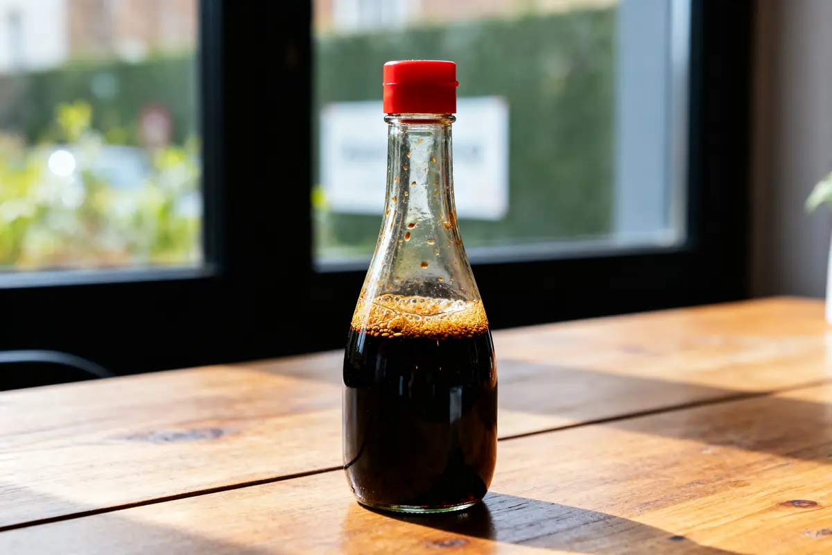 Bouteille en verre avec sauce soja, bouchon rouge, posée sur table en bois, lumière naturelle provenant de fenêtre.