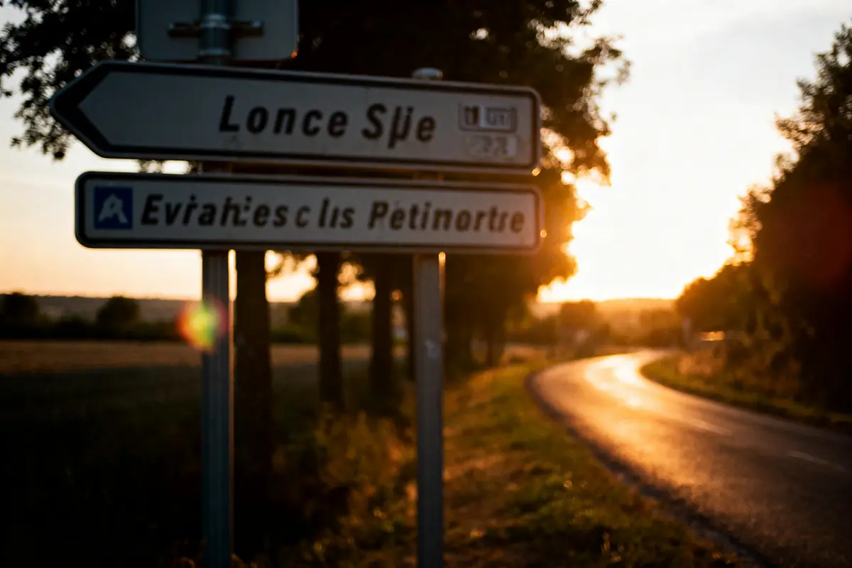 Panneaux flous au bord d'une route ensoleillée au coucher du soleil, arbres en arrière-plan.