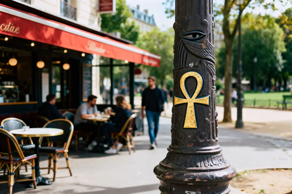 Candélabre avec symbole ankh doré, café en arrière-plan, terrasse extérieure, clients assis, rues parisiennes.