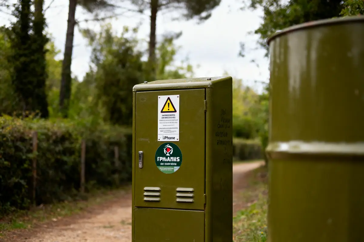 Boîtier électrique vert avec étiquettes d'avertissement, situé sur un chemin forestier entouré de végétation.