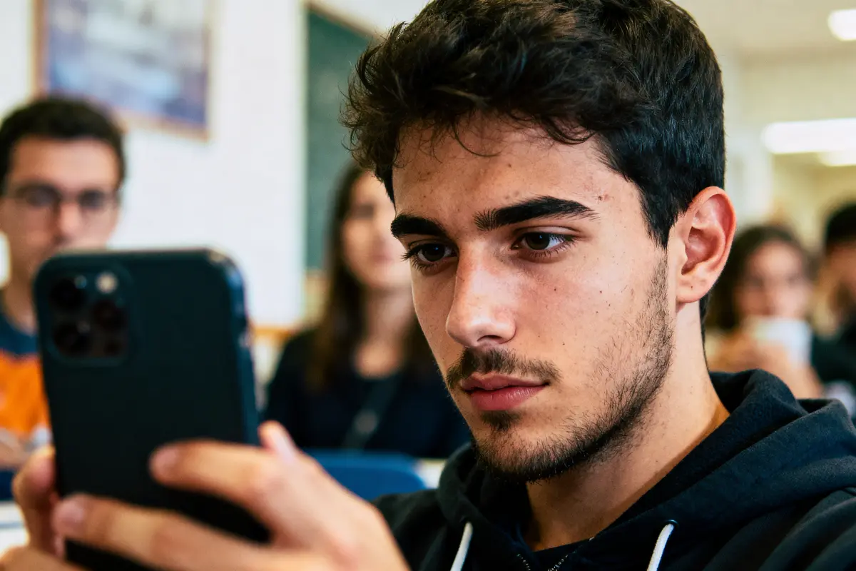 Jeune homme concentré regardant téléphone portable, arrière-plan flou de personnes en classe.