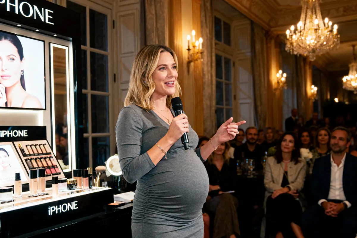 Femme enceinte parlant au micro lors d'un événement élégant, avec produits de beauté en arrière-plan.