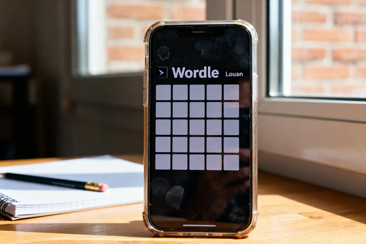 Smartphone affichant le jeu Wordle, posé sur une table en bois près d'une fenêtre.