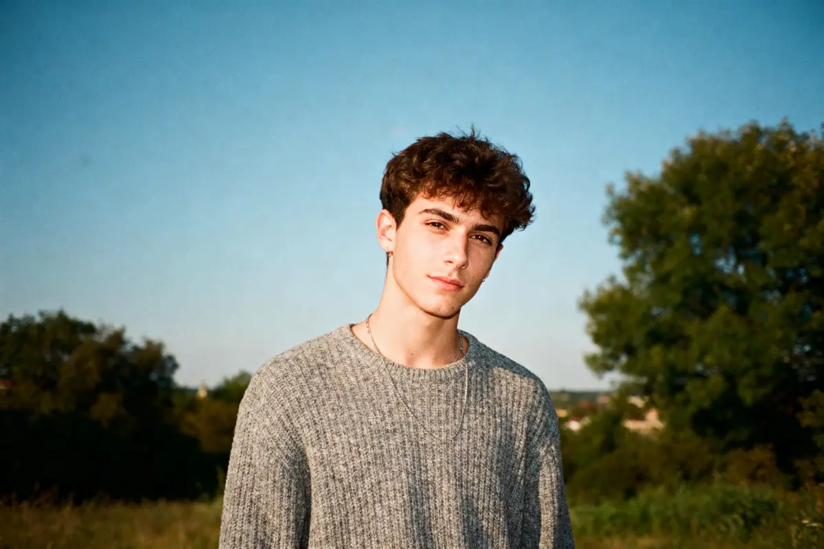 pexels-michal-pech-213601-757318 (1) Jeune homme portant un pull gris, debout dans un paysage naturel sous un ciel bleu.