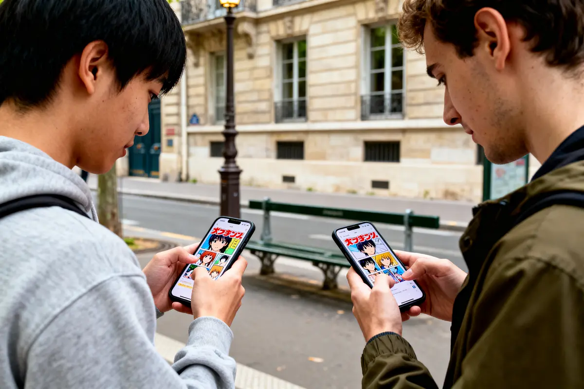 Deux personnes regardent un manga sur leurs smartphones dans une rue urbaine.