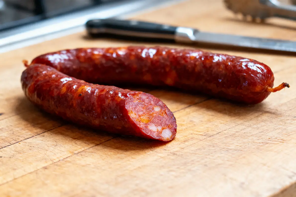 Deux saucisses rouges coupées sur une planche en bois, avec couteau en arrière-plan.
