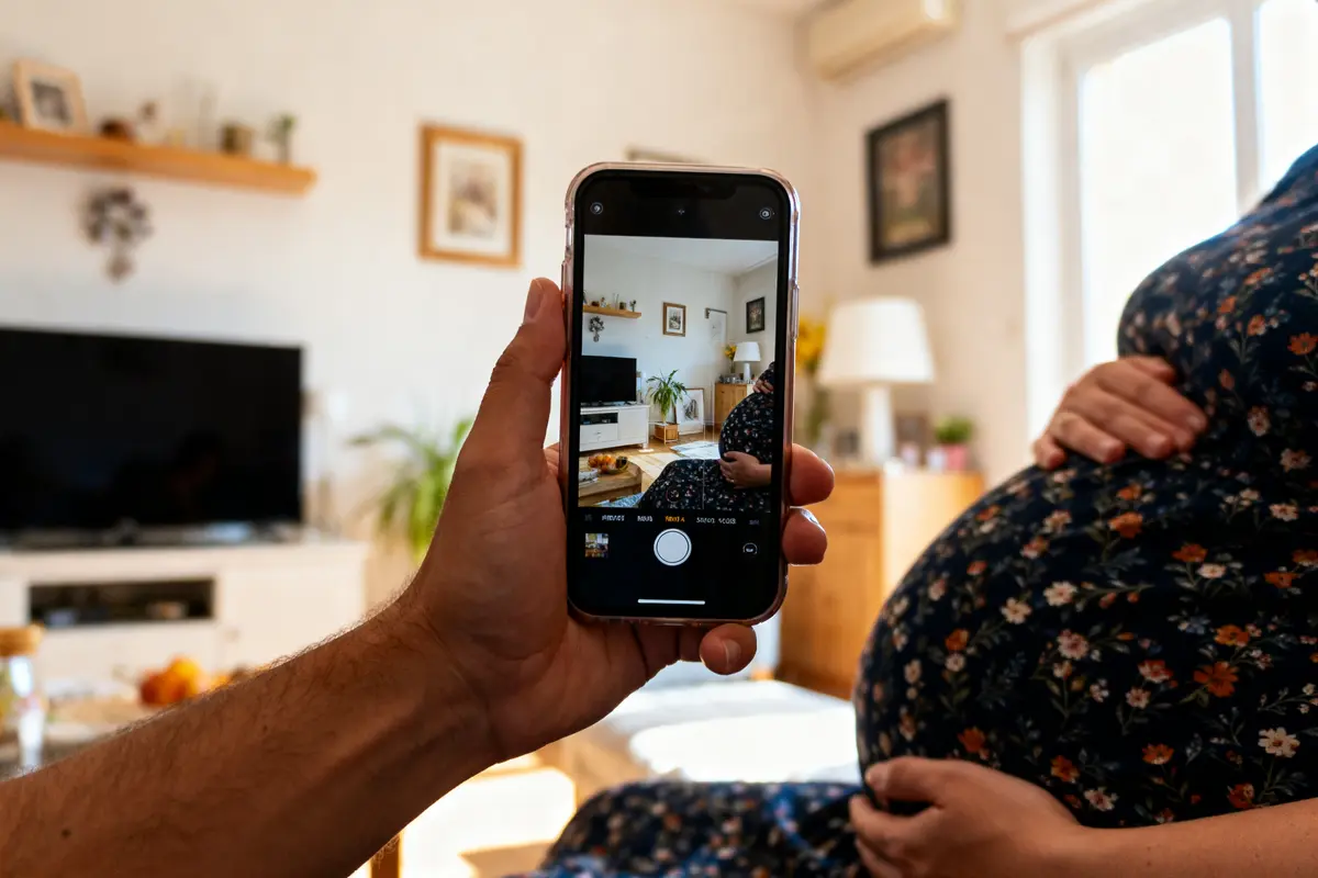 Main tenant un smartphone photographiant un ventre de femme enceinte dans un salon lumineux et décoré.
