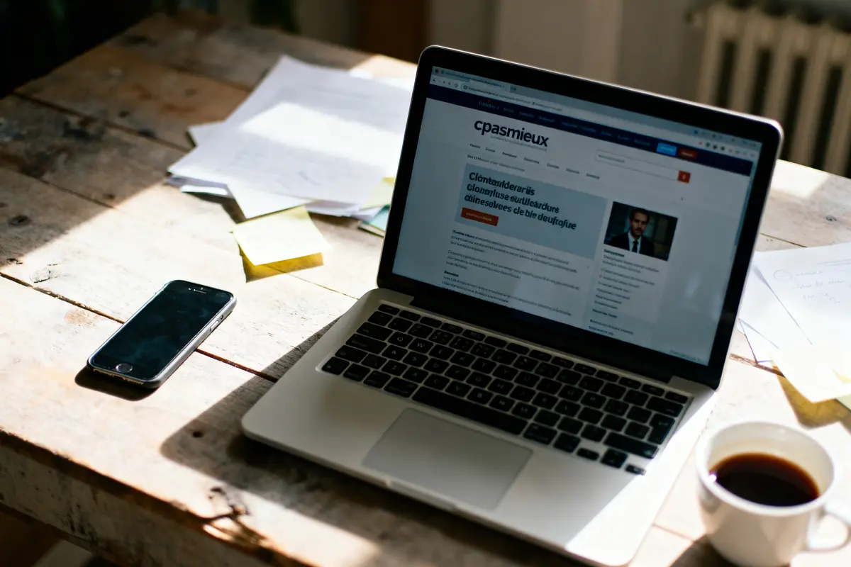 Ordinateur portable sur bureau en bois, affichant un article. Smartphone et tasse de café à côté.
