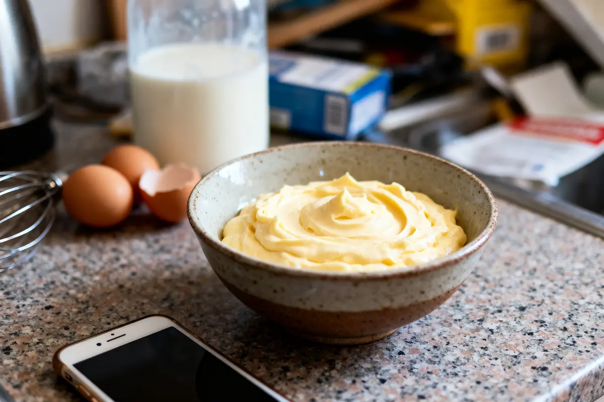 Bol de crème pâtissière sur un comptoir avec oeufs, lait, fouet, et téléphone.