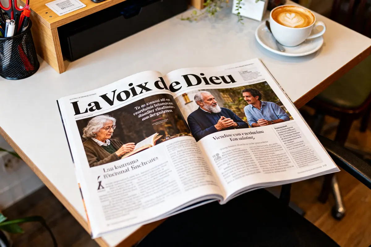 Magazine ouvert sur une table avec une tasse de café, titre "La Voix de Dieu."