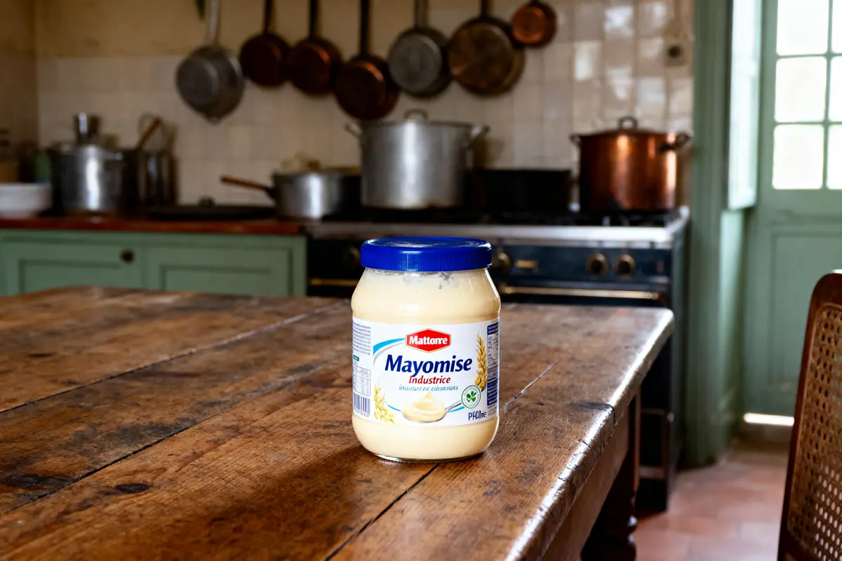 Pot de mayonnaise sur table en bois, cuisine rustique en arrière-plan avec ustensiles suspendus.