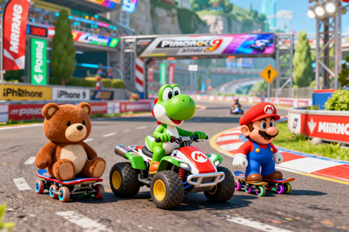 Personnage vert en quad, avec ours et autre personnage sur planches à roulettes, course animée, panneau coloré en arrière-plan.