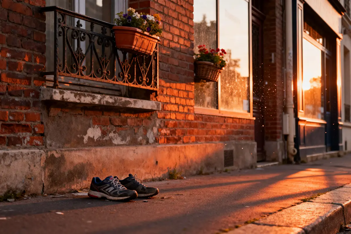 pexels-michal-pech-213601-757318 (1) Chaussures abandonnées sur un trottoir ensoleillé, devant un mur de briques avec jardinières fleuries.