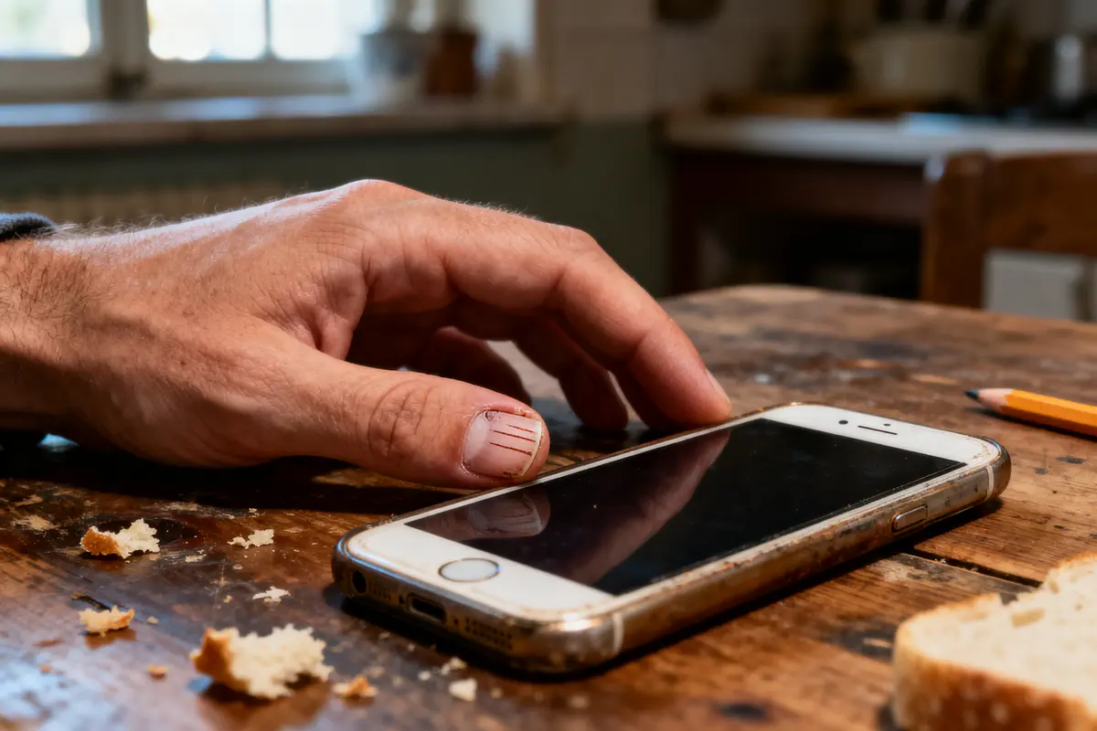 Main avec ongle abîmé touchant smartphone sur table en bois, miettes et crayon autour.