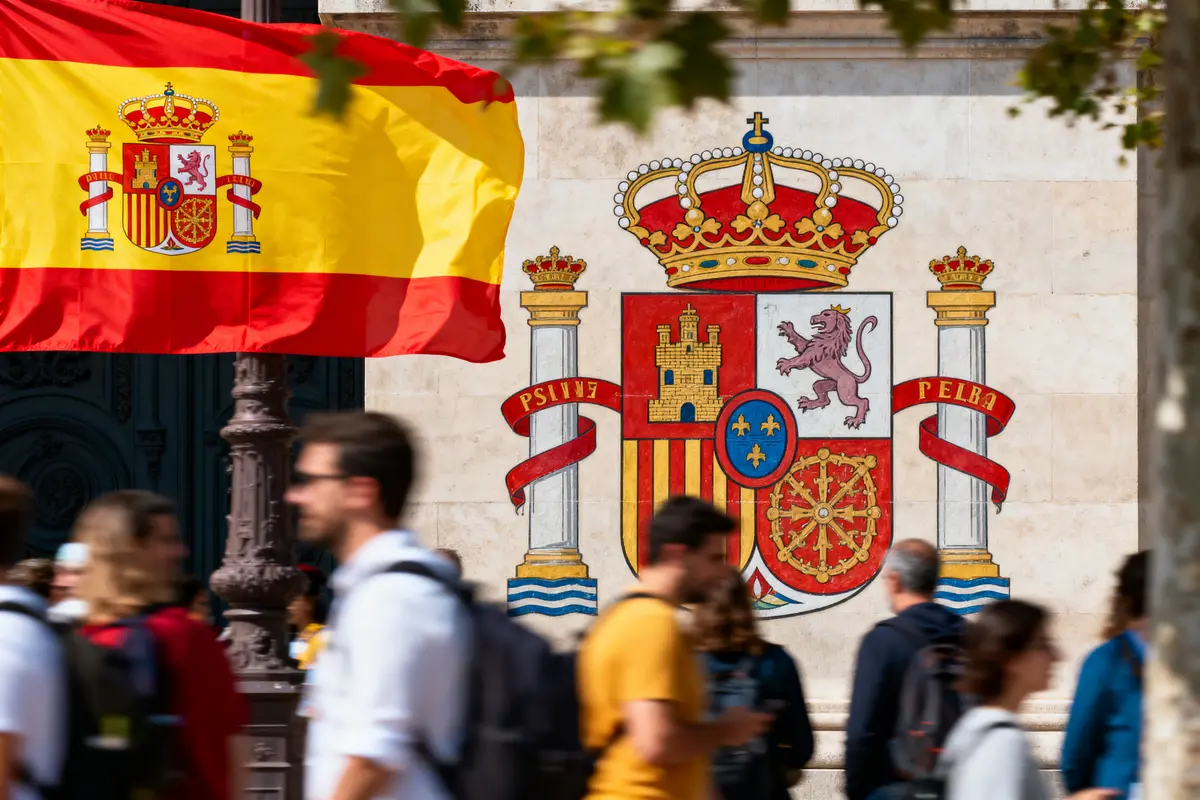Drapeau espagnol et blason sur mur avec passants flous, arbres en avant-plan.