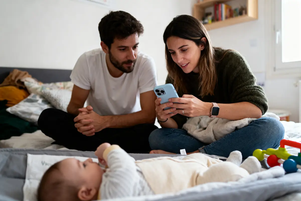 Un couple regarde un téléphone, près d'un bébé couché sur un lit. Jouets colorés visibles.