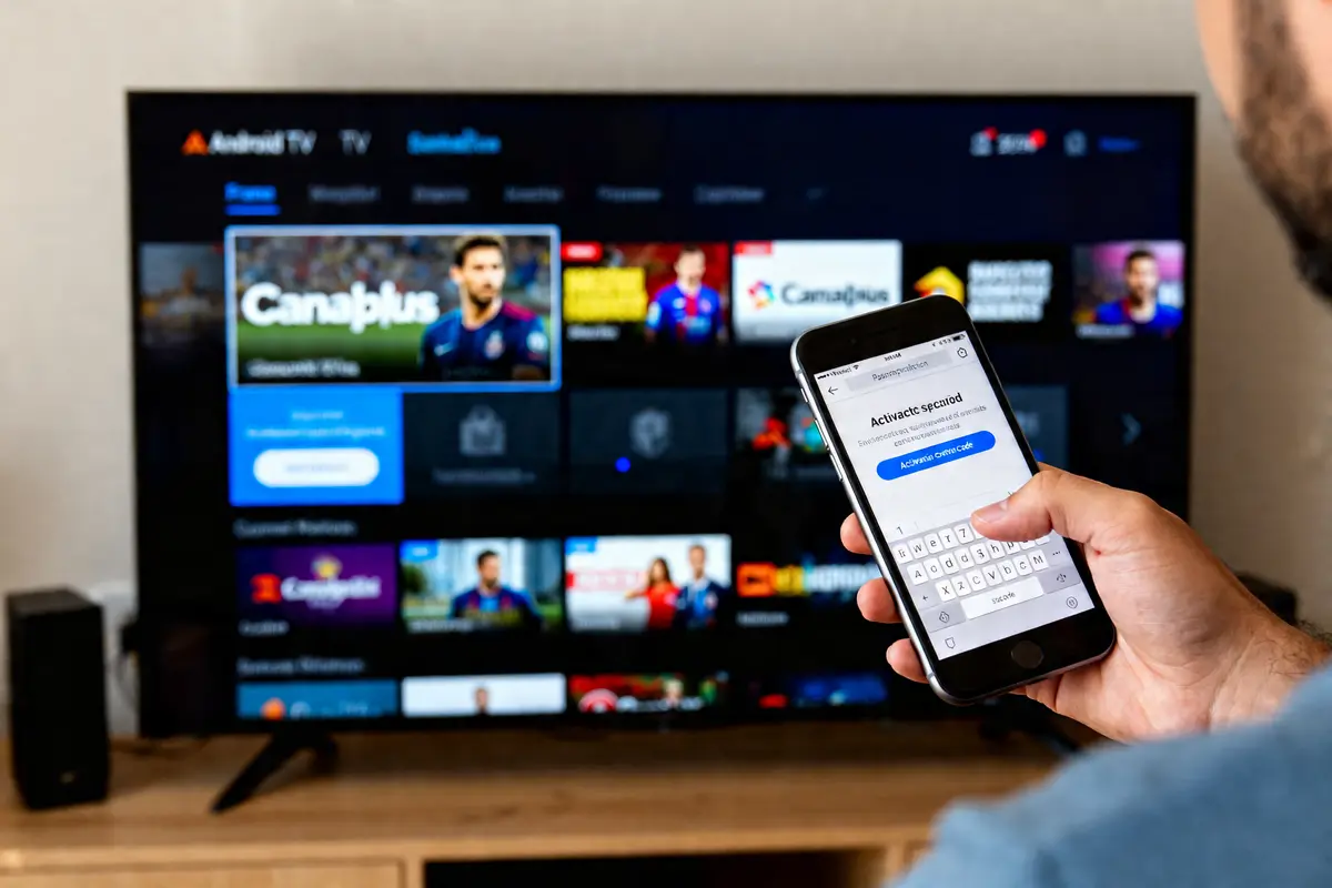 Téléviseur affichant Android TV Canalplus com, utilisateur activant une option sur smartphone