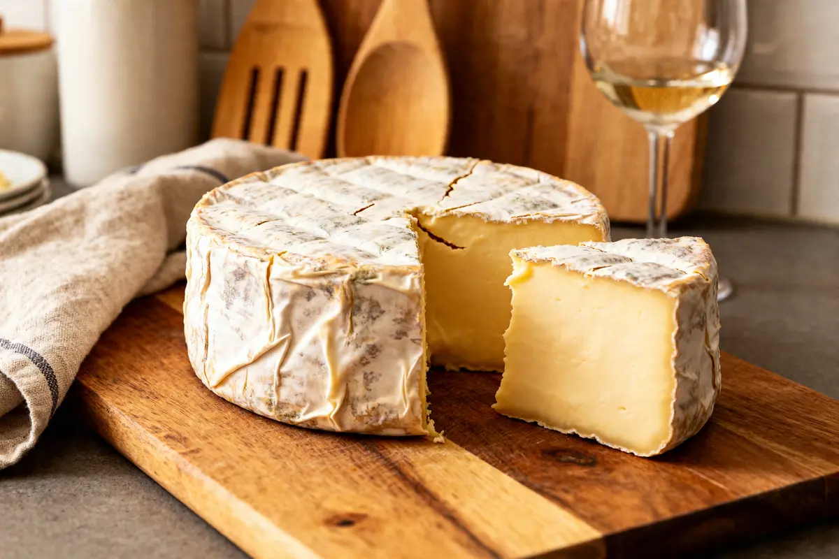 Fromage à pâte molle sur planche avec verre de vin, dégustation Caprice des Dieux enceinte