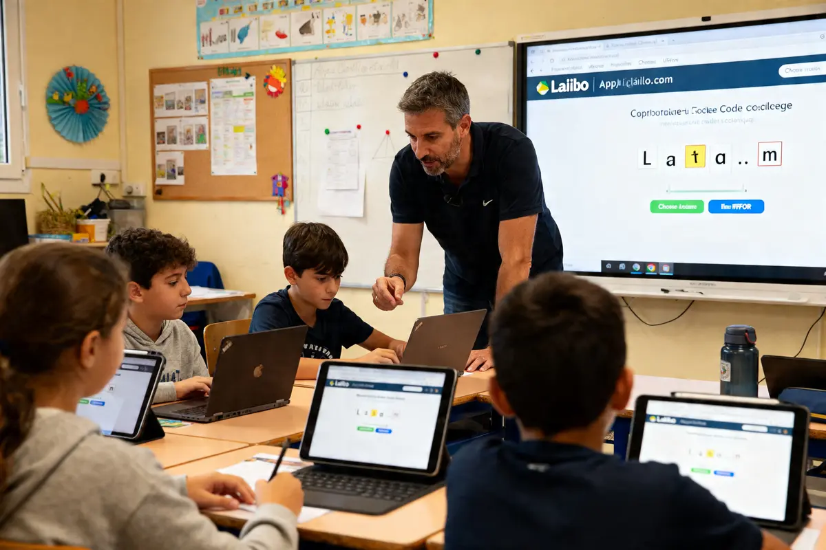 Enseignant aide élèves en classe sur app Lalilo com avec ordinateurs portables