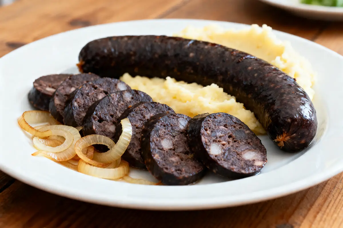 Assiette de boudin noir enceinte avec purée de pommes de terre et oignons sautés