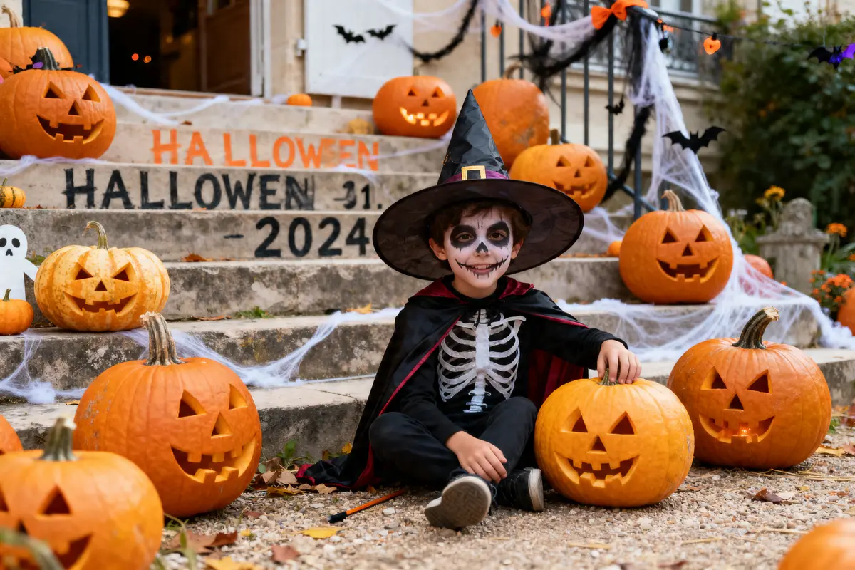 Enfant déguisé en sorcier pour la date d'Halloween 2024 avec citrouilles sculptées