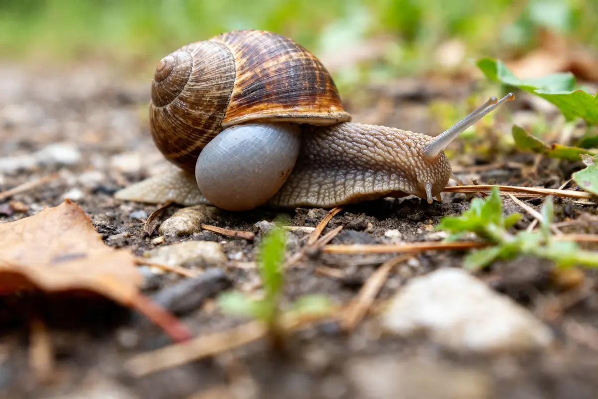 Escargot enceinte rampant sur sol terreux avec feuilles et brindilles alentour