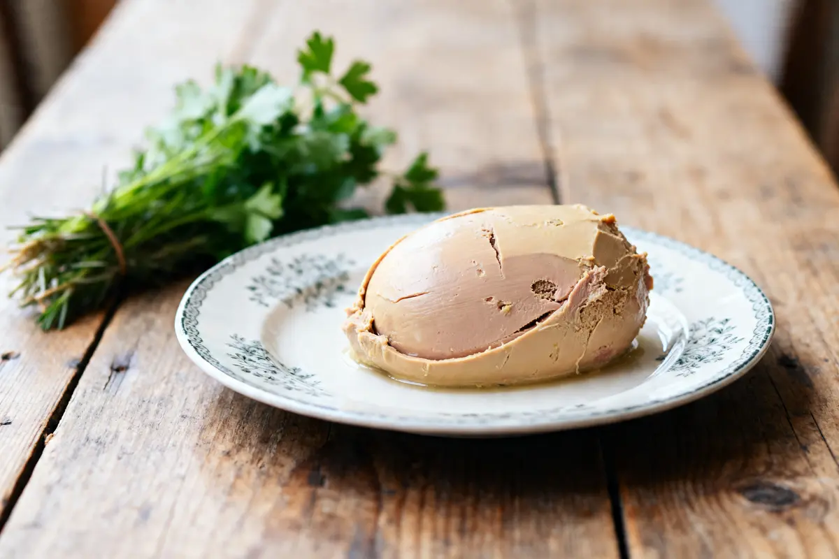 Assiette de foie gras enceinte sur table en bois avec herbes fraîches en arrière-plan