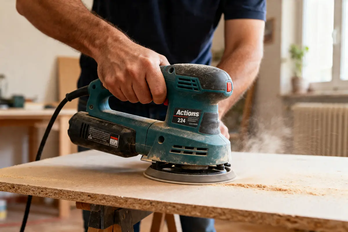 Homme utilisant une ponceuse action sur planche en bois, sciure visible durant le ponçage